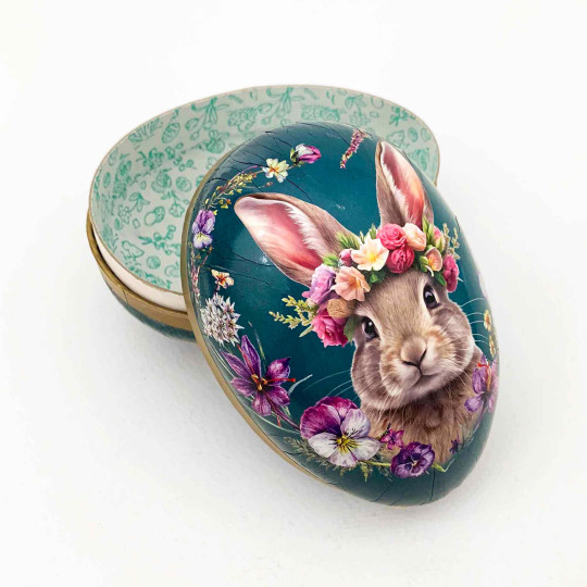 4-1/2" Bunny with Flower Crown on Teal Papier Mache Easter Egg Container ~ Germany